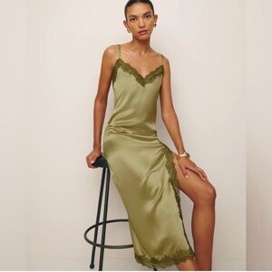 Elegant Olive Green Lace Slip Dress